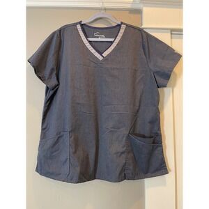 Butter-Soft Stretch Scrub Top Womens 2X Heather Navy Blue V-Neck Medical Pockets
